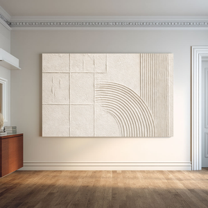 Neutral Beige White Geometric Lines Abstract Textured Minimalist Plaster Wall Art for Modern Living Room Bedroom Office Dining Hallway Home Decor