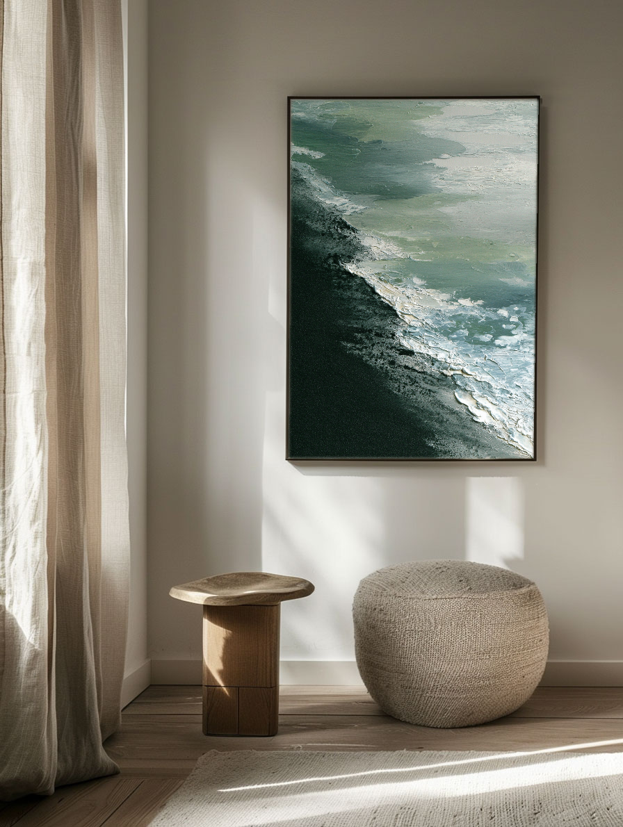Abstract Coastal Ocean Wave Black Sand Beach Thick Impasto Textured Canvas Wall Art Modern Minimalist Decor for Living Room Bedroom Office Hallway Dining Room