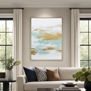 Textured Abstract White Gold Light Teal Vertical Acrylic-Style Wall Art for Living Room