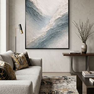 Minimalist Abstract Ocean Wave Textured Impasto Wall Art Blue White Beige Thick Knife Brush Strokes Painting Modern Decor for Home Office