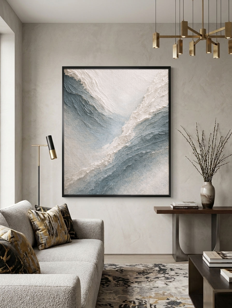 Minimalist Abstract Ocean Wave Textured Impasto Wall Art Blue White Beige Thick Knife Brush Strokes Painting Modern Decor for Home Office
