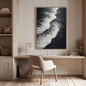 Black and White Textured Abstract Ocean Wave Coastal Minimalist Thick Paint Impasto Wall Art for Modern Living Room Bedroom Dining Room Office Hallway Decor