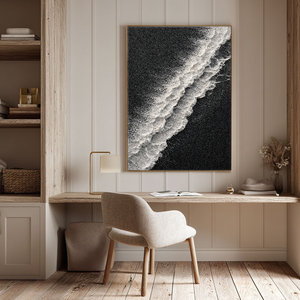 Black and White Abstract Ocean Wave Textured Wall Art, Minimalist Monochrome 3D Wave Texture Canvas Artwork for Modern Home Decor, Framed Coastal Inspired Black White Plaster Wall Art for Living Room Bedroom Office