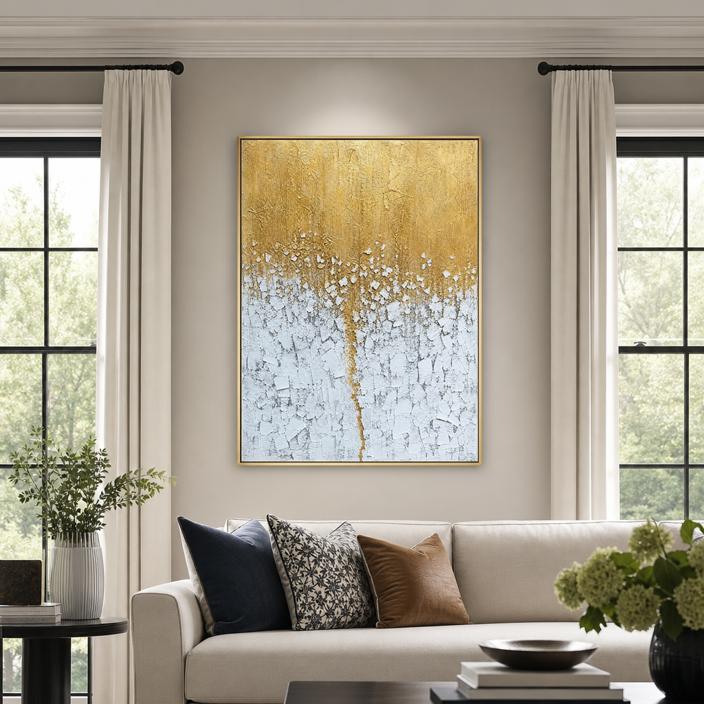 Gold And White Textured Abstract Vertical Wall Art For Living Room