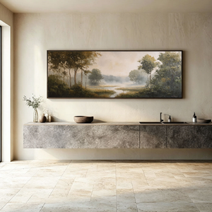 Vintage Misty Forest River Landscape Painting - Hand-Painted Canvas Art