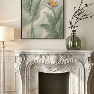 3D Bird of Paradise Flower Textured Plaster Wall Art, Tropical Green and Orange Relief Painting, Modern Nature Inspired Wall Decor for Living Room Bedroom Office Dining Hallway, Muted Neutral Base with Bold Tropical Accents