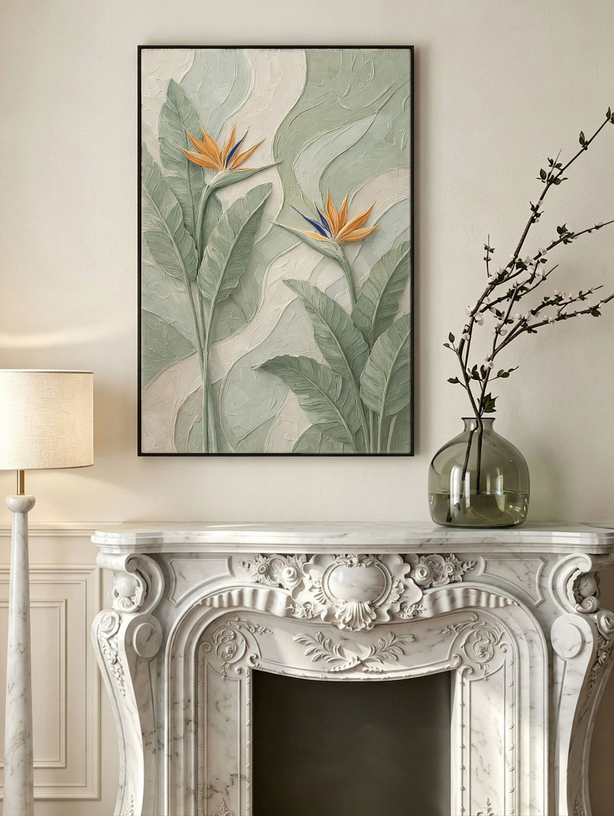 3D Bird of Paradise Flower Textured Plaster Wall Art, Tropical Green and Orange Relief Painting, Modern Nature Inspired Wall Decor for Living Room Bedroom Office Dining Hallway, Muted Neutral Base with Bold Tropical Accents