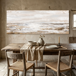 Abstract Coastal Ocean and Sky Landscape Textured Wall Art, Neutral Brown Beige White Light Grey Panoramic Large Canvas Print Artwork for Modern Home Decor, Living Room Bedroom Dining Room Office Hallway Wall Decoration