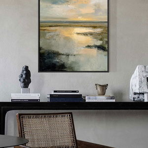 Tranquil Textured Impasto Marshland Sunset Wall Art, Abstract Coastal Wetland Nature Scene Decor, Muted Blue Grey Green Beige Gold Sky Water Painting Style for Modern Farmhouse Living Room Bedroom Dining Office