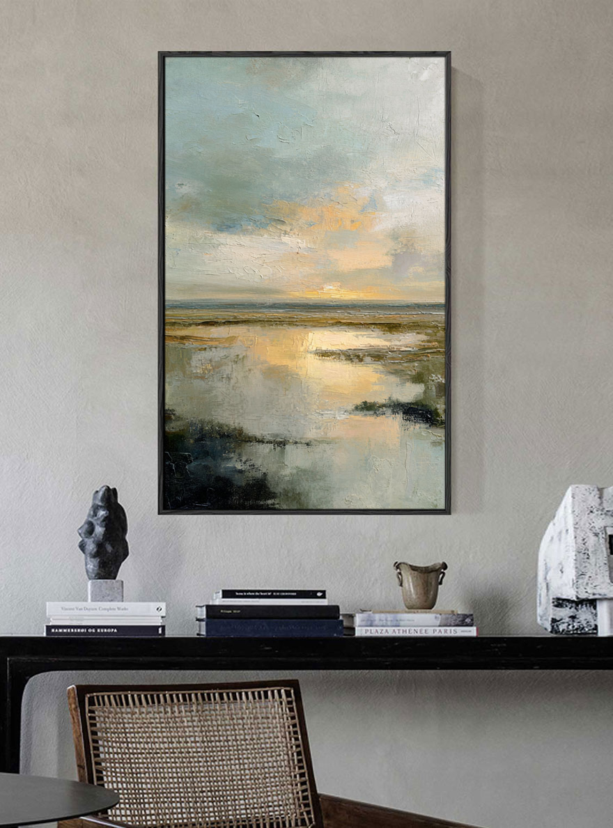 Tranquil Textured Impasto Marshland Sunset Wall Art, Abstract Coastal Wetland Nature Scene Decor, Muted Blue Grey Green Beige Gold Sky Water Painting Style for Modern Farmhouse Living Room Bedroom Dining Office