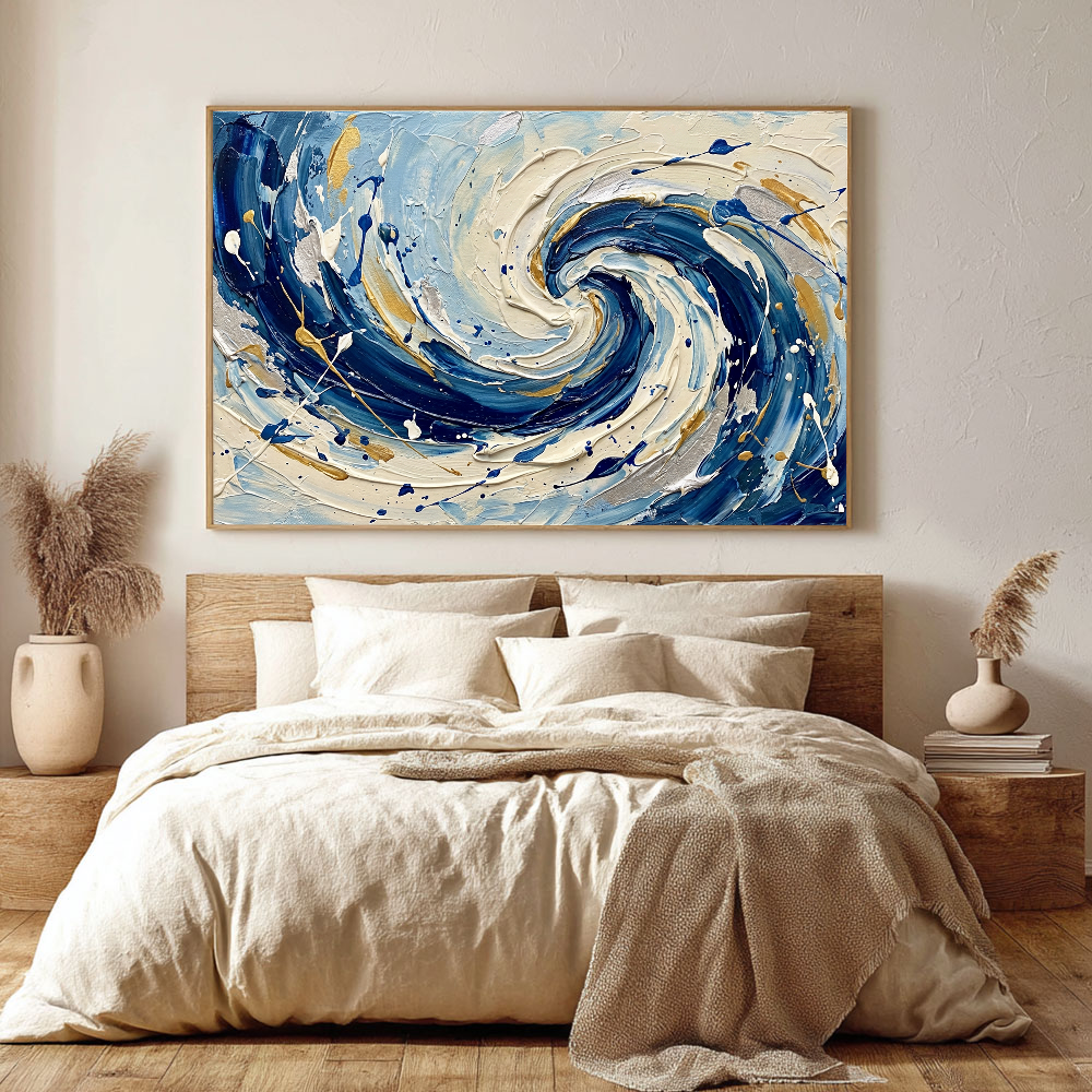 Blue White Gold Abstract Ocean Wave Swirl Thick Impasto Textured Canvas Wall Art Modern Coastal Living Room Bedroom Dining Room Office Hallway Decorative Artwork