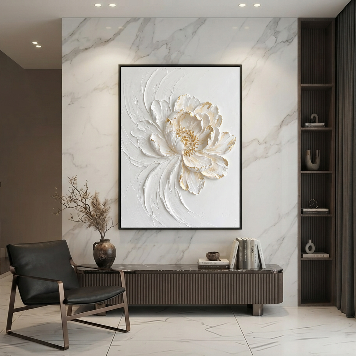 White and Gold Textured 3D Relief Flower Vertical Wall Art for Living Room Bedroom