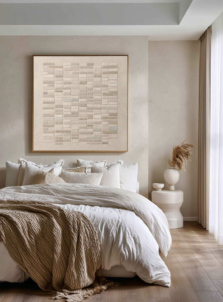 Minimalist Geometric Block Pattern Neutral Textured Wall Art in Soft Beige, Warm Brown, Light Grey, Medium Grey Tones Modern Abstract Decor for Office, Hallway, Dining Room, Bedroom, Living Room
