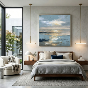 Abstract Textured Ocean and Sky Wall Art with Thick Impasto Brushstrokes, Serene Blue and Gold Seascape for Living Room Bedroom Dining Room Office Hallway, Vintage Coastal Landscape Artwork with Reflective Sunlight Waves