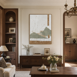 Landscape Sage Green, Earthy Brown, Off-White Abstract Textured Plaster-Style Vertical Wall Art for Dining Room or Living Room