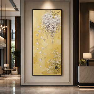 Elegant Vertical Wisteria and Baby's Breath Floral Wall Art, Soft Purple and White Cascading Blooms on Warm Yellow Background, Thick Impasto Textured Painting for Modern Home Decor Living Room Bedroom Office Dining Room Hallway