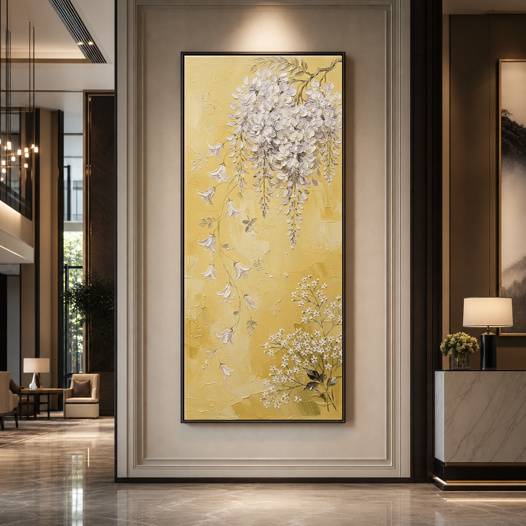 Elegant Vertical Wisteria and Baby's Breath Floral Wall Art, Soft Purple and White Cascading Blooms on Warm Yellow Background, Thick Impasto Textured Painting for Modern Home Decor Living Room Bedroom Office Dining Room Hallway