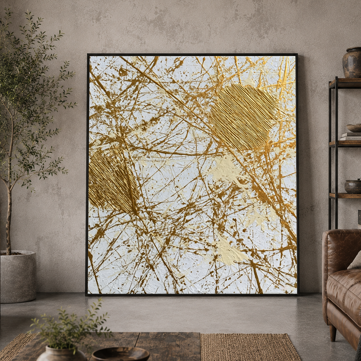 Elegant Gold and White Abstract Textured Wall Art - Modern Minimalist Impasto Painting with Thick Knife Marks, Perfect for Contemporary Living Room, Bedroom, Dining Room, Hallway, Office Interior Design