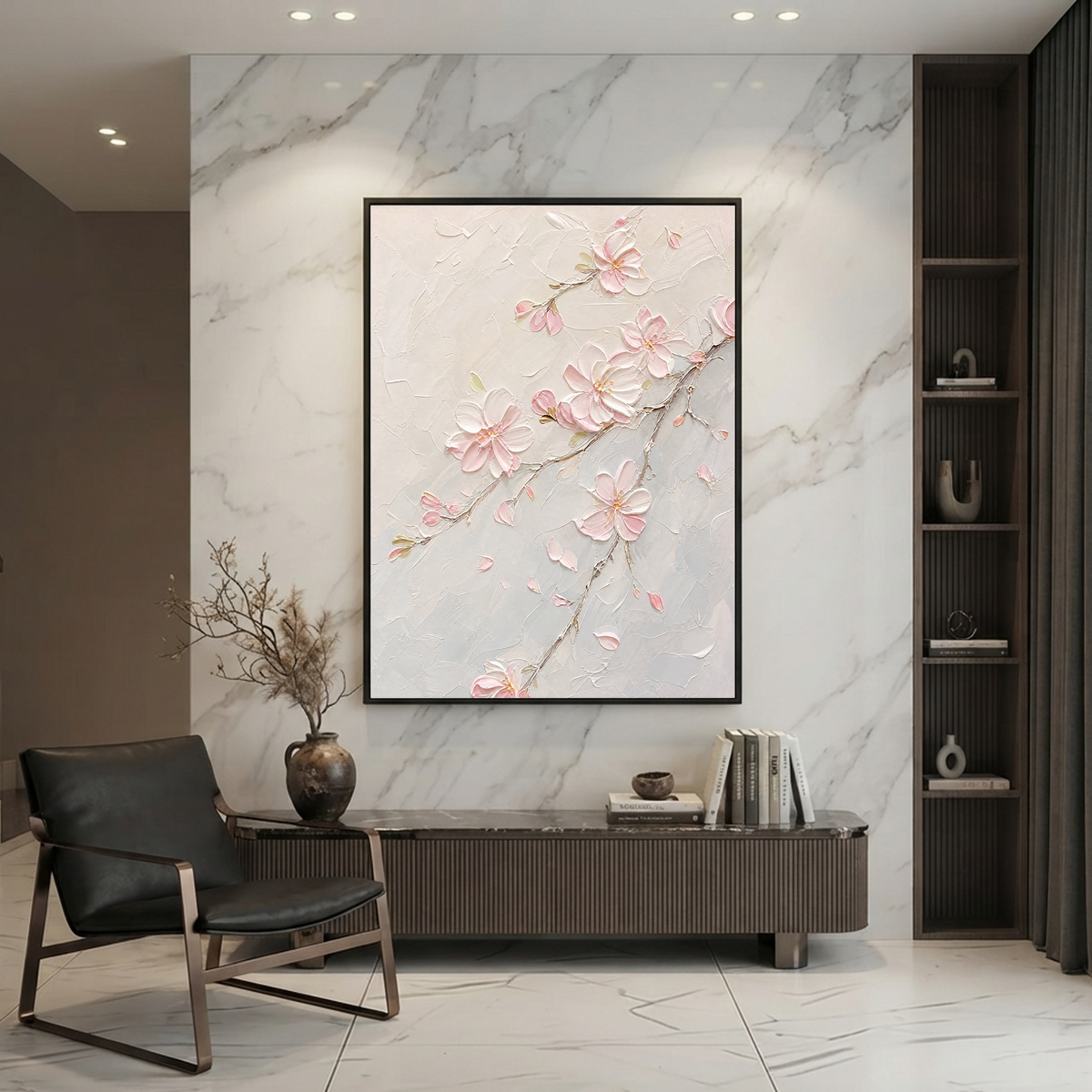 Flower and Tree Soft Pink Cream Light Gray Textured Contemporary Acrylic-style 3D Relief Vertical Wall Art for Living Room