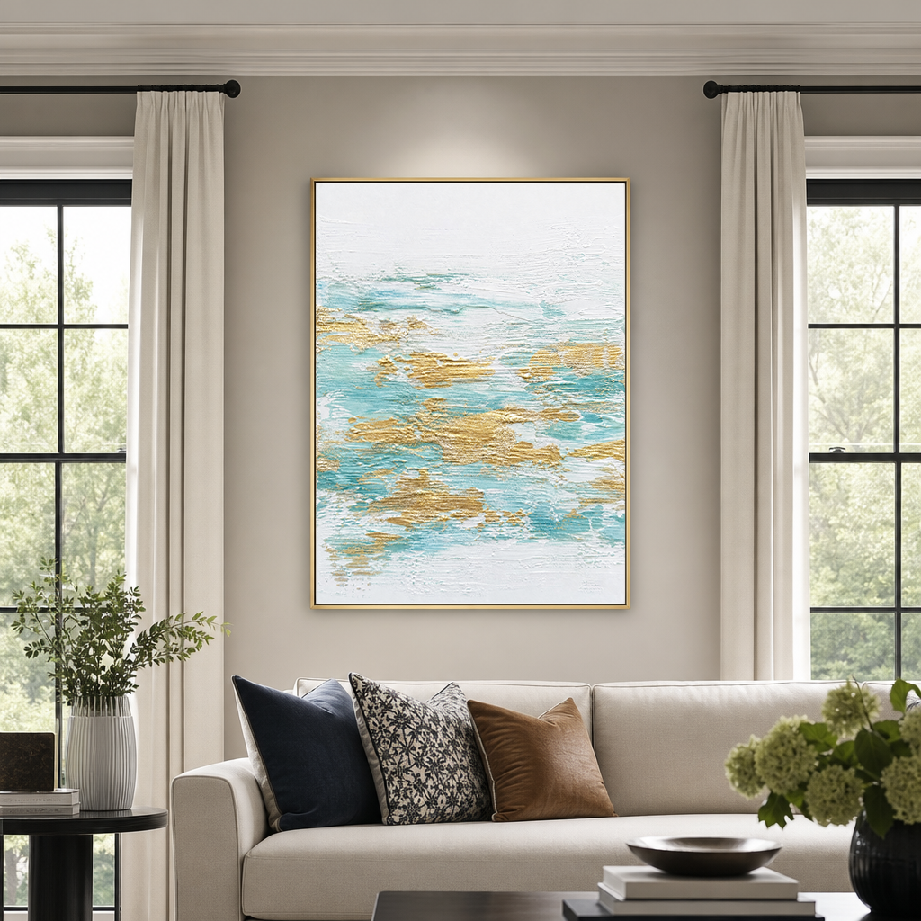 Abstract Turquoise White Gold Textured Contemporary Vertical Wall Art for Living Room