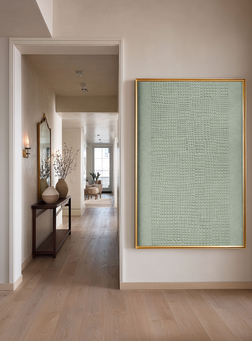Minimalist Abstract Textured Plaster Wall Art Soft Muted Sage Green Geometric Grid Pattern Framed Modern Neutral Home Decor for Living Room Bedroom Office Dining Room Hallway