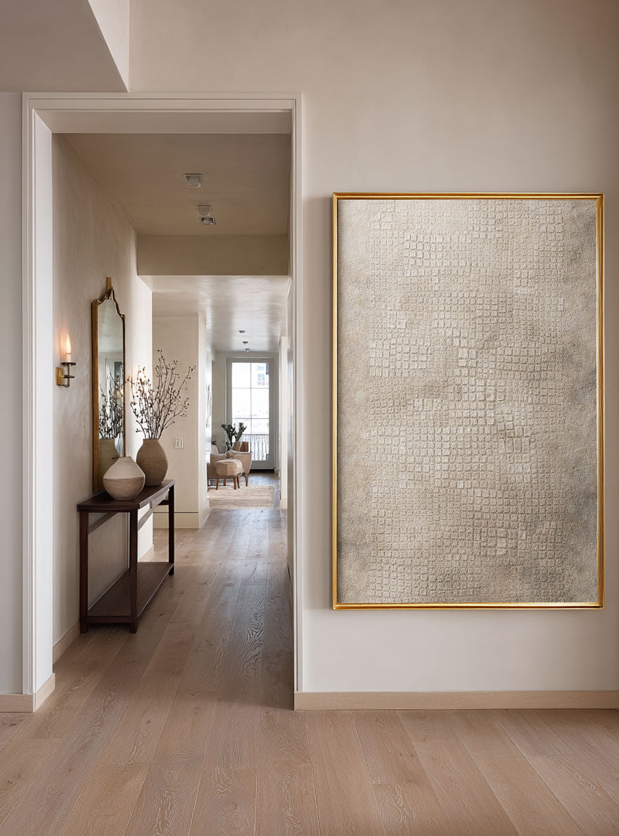 Minimalist Subtle Textured Wabi Sabi Inspired Neutral Beige Dark Grey Abstract Wall Art for Modern Home Office Living Room Bedroom Dining Hallway Decor with Muted Asymmetrical Imperfect Natural Aged Look Framed Canvas Print