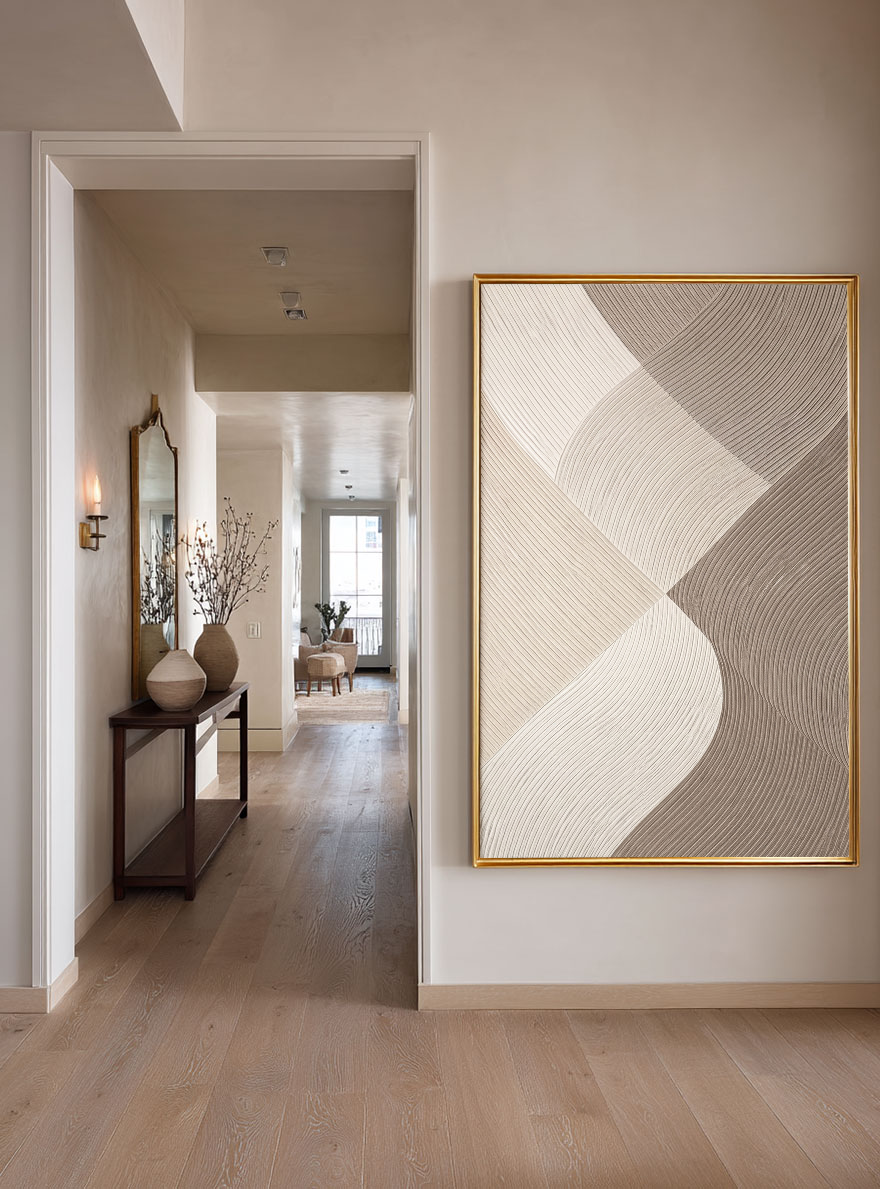 Modern Minimalist Abstract Curved Waves Neutral Beige Brown White Textured Framed Wall Art, Elegant Handcrafted Geometric Line Painting for Contemporary Home Decor