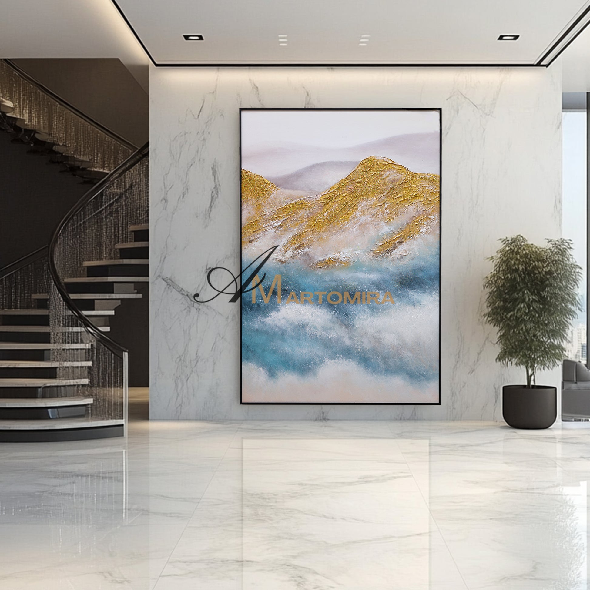 Blue And Gold Wall Art | Abstract Painting Mountains | Abstract Landscape Art | Large Wall Art #DF001