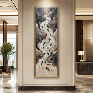 Abstract Koi Fish Stream Vertical Wall Art Textured Impasto Neutral Beige Brown Grey Black Modern Minimalist Canvas for Office Hallway Living Room Bedroom Dining Room