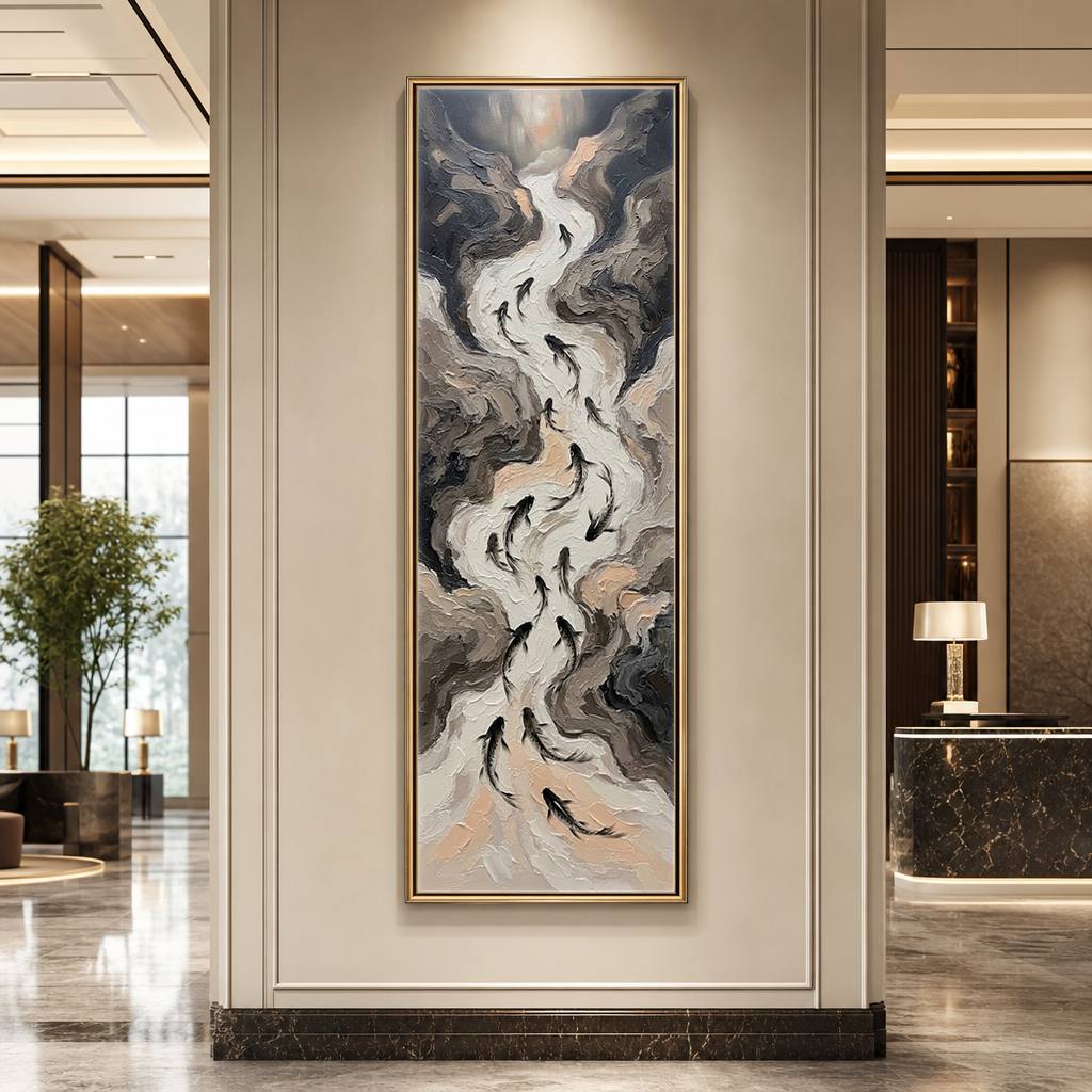 Abstract Koi Fish Stream Vertical Wall Art Textured Impasto Neutral Beige Brown Grey Black Modern Minimalist Canvas for Office Hallway Living Room Bedroom Dining Room