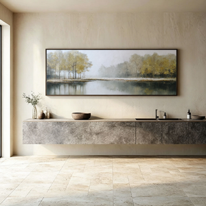 Misty Lakeside Acrylic Abstract Landscape Painting | Hand-Painted Canvas