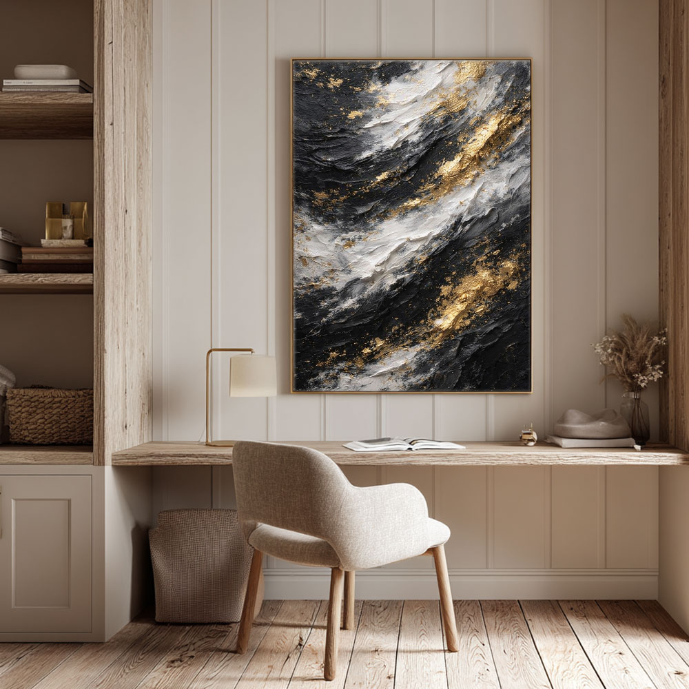 Modern Abstract Black White Gold Thick Impasto Textured Wall Art, Luxury Contemporary Dark Light Contrast Canvas Artwork, Minimalist Yet Glam Living Room Bedroom Office Dining Hallway Decor Painting