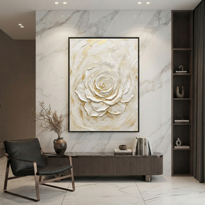 White and Gold Textured Rose Vertical Wall Art for Bedroom or Living Room