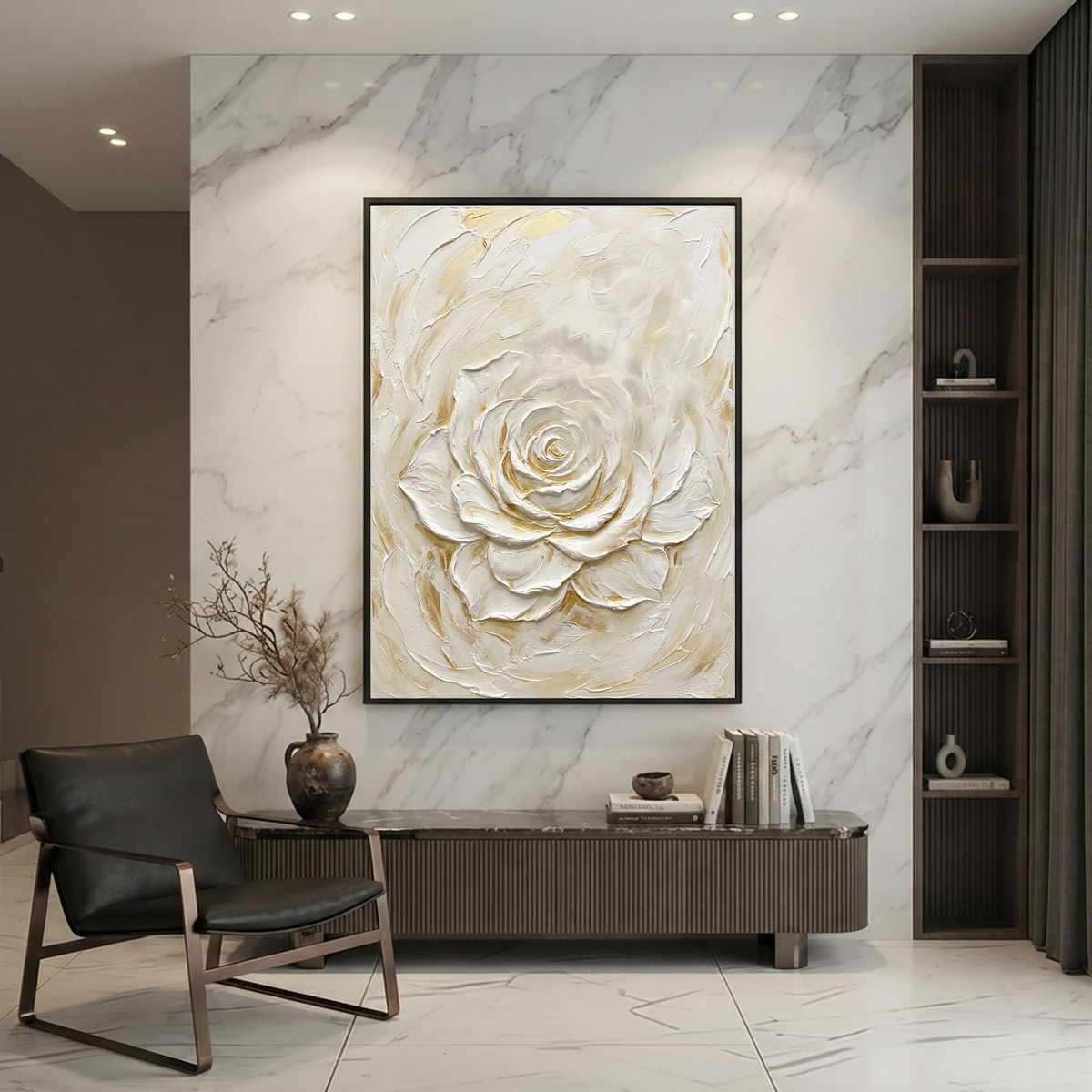 White and Gold Textured Rose Vertical Wall Art for Bedroom or Living Room
