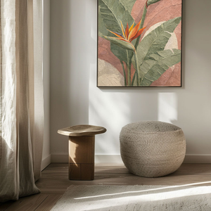 Tropical Bird of Paradise Flower Textured Wall Art, Soft Pink Green White Curved Background Modern Minimalist Botanical Canvas Print, Vibrant Orange Accent Framed Plant Painting for Home Decor