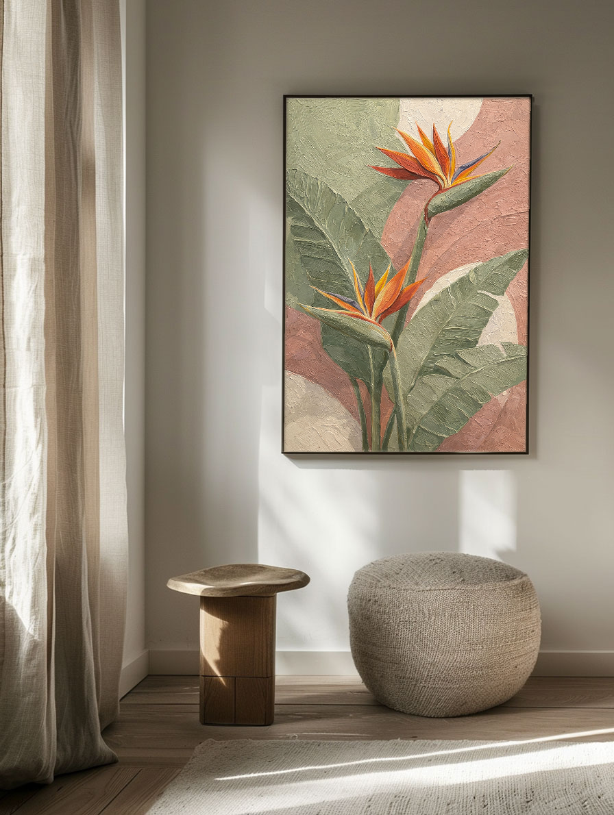 Tropical Bird of Paradise Flower Textured Wall Art, Soft Pink Green White Curved Background Modern Minimalist Botanical Canvas Print, Vibrant Orange Accent Framed Plant Painting for Home Decor
