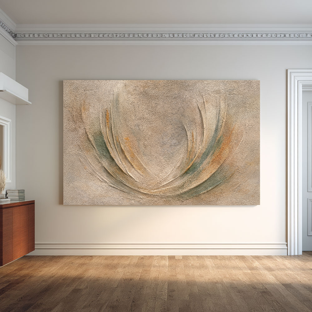 Minimalist Textured Abstract Curved Beige Green Brown Composition Framed Canvas Wall Art Modern Neutral Decor Piece Soft Organic Shape Design for Home and Office
