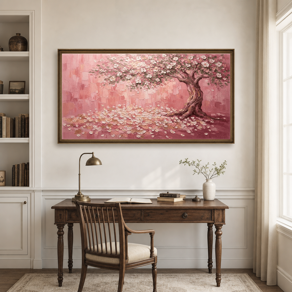 Pink Blossom Tree Impasto Art above a classic wooden desk in an office