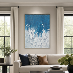 Abstract Geometry And Lines Blue White Textured Plaster-Style Vertical Wall Art For Living Room