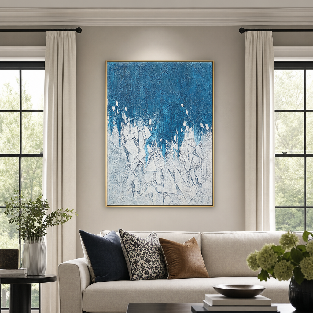 Abstract Geometry And Lines Blue White Textured Plaster-Style Vertical Wall Art For Living Room