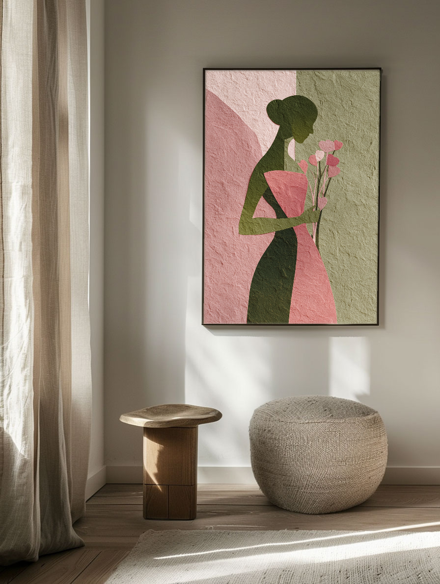 Abstract Minimalist Female Portrait Silhouette with Soft Pink Muted Green Tones, Holding Delicate Heart-Shaped Flower Stems Textured Canvas Print Wall Decor for Modern Home Office Styling