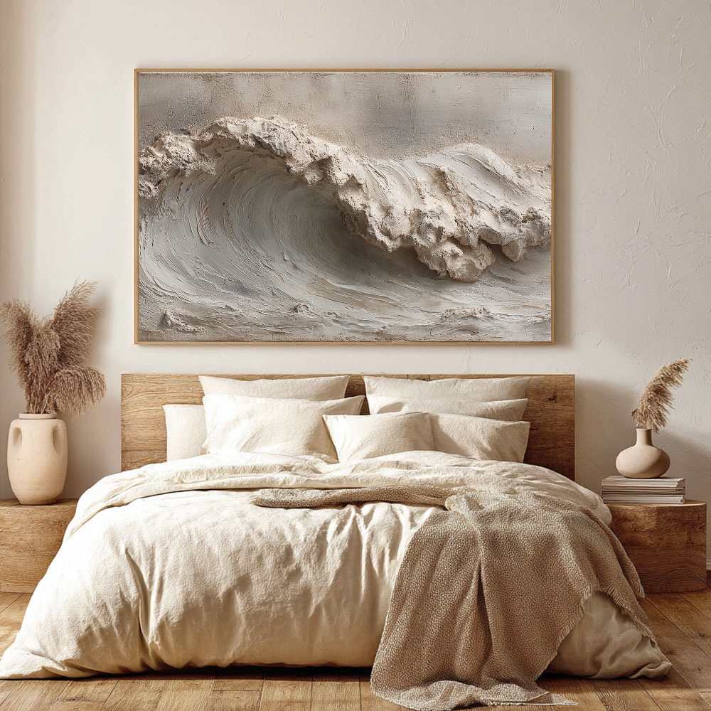 Textured Plaster 3D Relief Abstract Ocean Wave Wall Art Neutral Beige White Light Grey Modern Minimalist Wabi Sabi Stucco Decor for Living Room Bedroom Office Dining Room Hallway