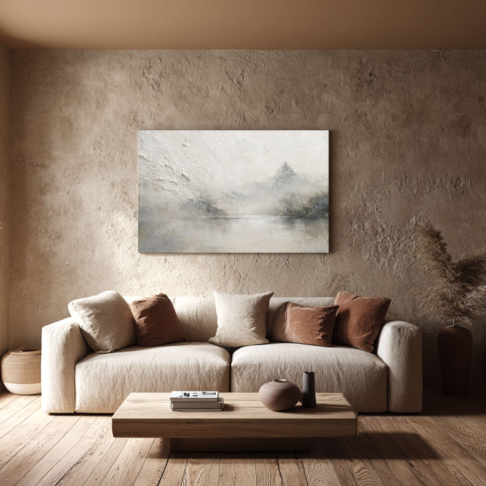 Minimalist Beige Bedroom Canvas Art - Textured Mountain Lake Painting