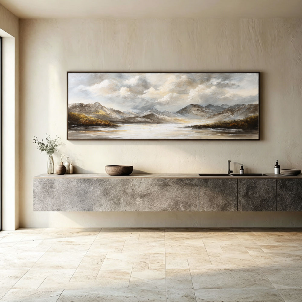 Large Framed Neutral Mountain Lake Landscape Wall Art Cloudy Sky Nature Scenery Canvas Textured Abstracted Earthy Tones Wall Decor for Modern Living Room Bedroom Dining Room Office Hallway