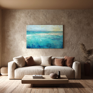 Abstract Coastal Ocean and Sky Textured Wall Art, Blue Green Beige White Impasto Painting, Modern Seascape Artwork for Living Room Bedroom Dining Room Hallway Office Decor