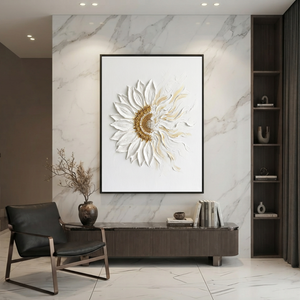 White and Gold Textured 3D Relief Flower Vertical Wall Art for Living Room or Bedroom