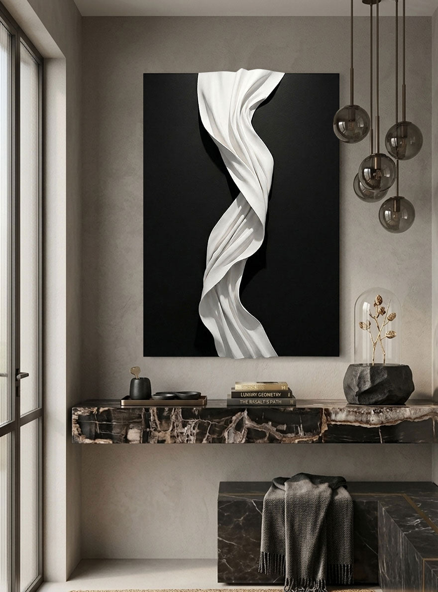 Black and White Abstract 3D Twisted Wave Minimalist Modern Textured Wall Art Elegant Monochrome Decor for Contemporary Home and Office Interiors