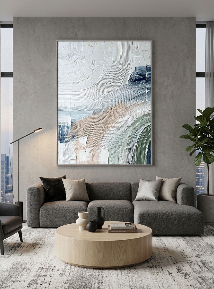 Minimalist Abstract Textured Curved Brushstrokes Blue Green Beige White Impasto Canvas Wall Art for Modern Living Room Bedroom Dining Room Office Hallway Home Decor