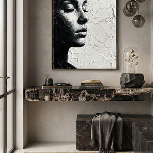 Black and White Impasto Textured Portrait Wall Art – Elegant Serene Woman's Profile with Thick Layered Knife Brushwork, High Contrast Minimalist Monochrome Design, Ideal for Modern Home and Office Decor