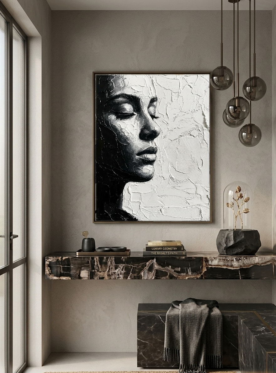Black and White Impasto Textured Portrait Wall Art – Elegant Serene Woman's Profile with Thick Layered Knife Brushwork, High Contrast Minimalist Monochrome Design, Ideal for Modern Home and Office Decor